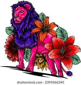 lion with flowers, vector color illustration on white background