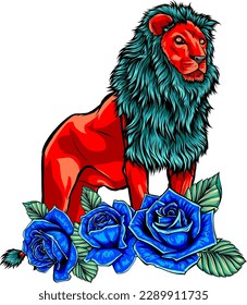 lion with flowers, vector graphics color illustration on white background