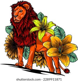 lion with flowers, vector graphics color illustration on white background