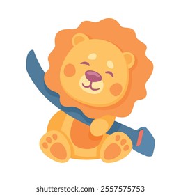 Lion Fluffy Kids Toy on Seat with Safety Belt Vector Illustration