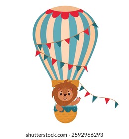 Lion fly on hot air balloon. Cartoon retro flying hot air balloon with cute leo animal on board flat vector illustration. Leo character flying on air transport