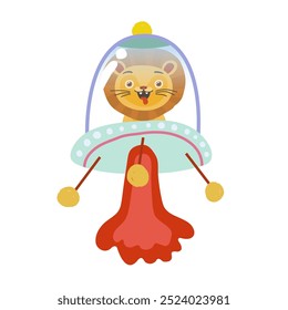 A lion in a flying saucer on a white background. Vector illustration