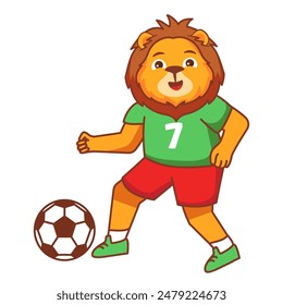 A lion football game. Score a goal.Draw paths for the ball. Cute animal.Soccer player.Isolated on white background.Character cartoon vector illustration.