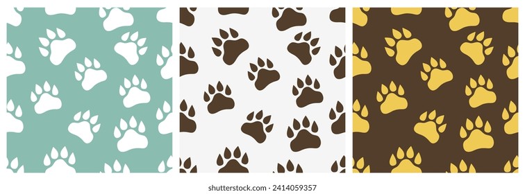 Lion footprint seamless pattern. Lion tracks repeat design for wallpaper, fabric, baby clothes, blankets, backgrounds, wrapping paper. Set of cute animal paw prints. Flat vector illustration