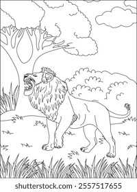 Lion in forest coloring page for adult vector