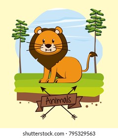 Lion in forest cute cartoon
