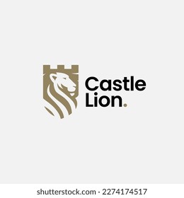 Lion Fortress Castle Shield Protection Security Gold  Logo Vector Icon Illustration
