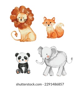 lion fox panda elephant watercolor kids illustration for posters, book, sticker