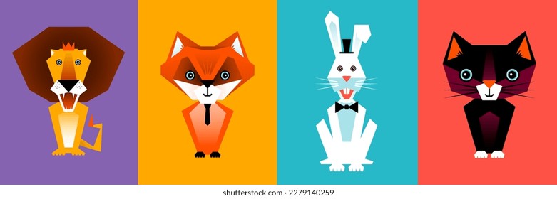 Lion, Fox, Rabbit and Cat – Animals vector illustration with geometric shapes