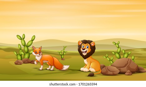 Lion and fox at the savanna illustration