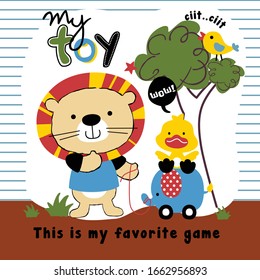 lion and friend play in the garden funny animal cartoon,vector illustration