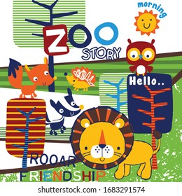 lion and friend in the zoo,funny animal cartoon,vector illustration