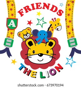 Lion and friends, kids t shirt design. Vector cartoon illustration