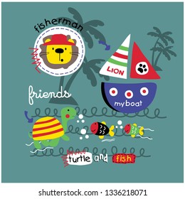 lion and friends on the sea funny animal cartoon,vector illustration