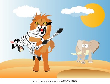 Lion funny character eating zebra, vector illustration