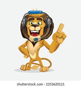 Lion funny character  with headphones. Vector illustration of a cartoon animal character.