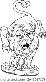 Lion gamer holding a computer video games controller with sharp claw sports team mascot design.