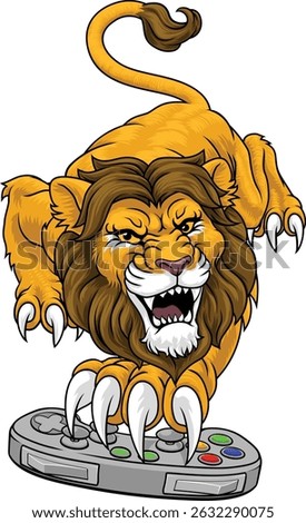 Lion gamer holding a computer video games controller with sharp claw sports team mascot design.