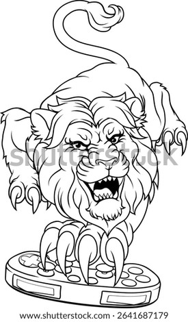 Lion gamer holding a computer video games controller with sharp claw sports team mascot design.