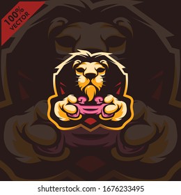 Lion Gamer holding Game-pad Joystick. Mascot logo design modern illustration concept style for badge, emblem, tshirt printing. Gamer illustration for esport team. Scalable and editable Vector.