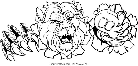 A lion gamer with video game controller sports team animal mascot