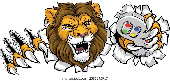 A lion gamer with video game controller sports team animal mascot