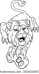 A lion gamer with video game controller sports team animal mascot