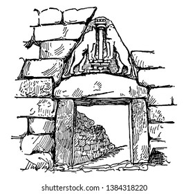 Lion Gate At Mycenae, Entrance Through The Circuit Wall, A Stepped Ramp Leading Past Circle, Relieving Triangle, Support The Weight Of The Stones, Vintage Line Drawing Or Engraving Illustration.