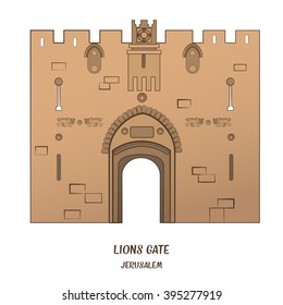 Lion Gate in Old City of Jerusalem. Vector illustration. EPS 10