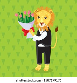 Lion gentleman gives a large bouquet of tulips. Funny character. Greeting card. Vector graphics.