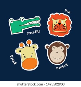 lion giraffe crocodile monkey animal text line color tee illustration art vector