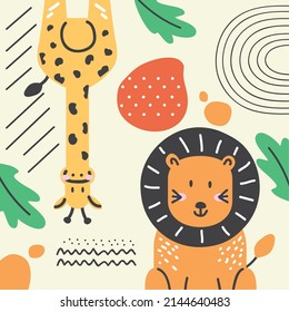 escena del doodle de león y jirafa