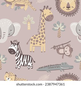 Lion, giraffe, elephant, zebra, monkey, crocodile, panther, seamless pattern with safari animals vector hand drawn illustration