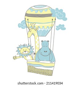 Lion, giraffe and hippo in a balloon. Vector illustration for printing on paper and fabric