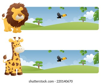 Lion and giraffe with jungle web banners.