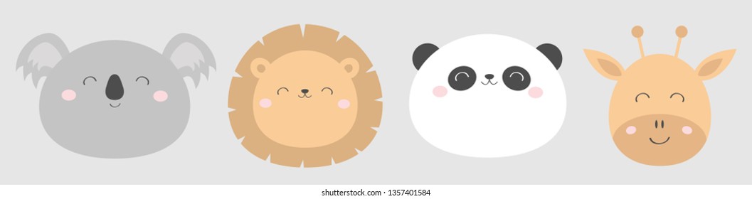 Lion Giraffe Koala Panda bearround face head line icon set. Kawaii animal. Cute cartoon character. Funny baby kids print. Love Greeting card. Flat design. White background Isolated Vector illustration