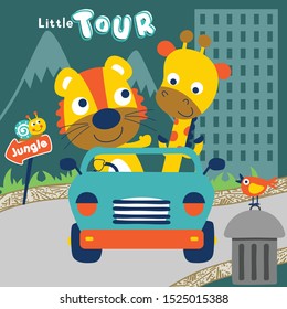 lion and giraffe on the car funny animal cartoon,vector illustration