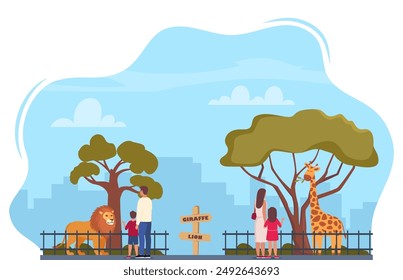 Lion and giraffe on territory of zoo park surrounded by fence. Parents and kids watching animals in zoo park. Vector illustration