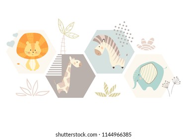 jirafa de león, cebra, elefante bebé tierno. Dulce animal zoológico. Vector de niños y madres de la moda. Dibujo de safari africano Cool para pantalones infantil, ropa infantil, invitación, diseño simple