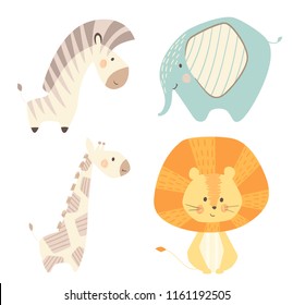 Lion giraffe, zebra, elephant baby cute print set. Sweet zoo animal. Mother and child fashion child vector. African safari illustration for nursery t-shirt, kids apparel, invitation, simple design