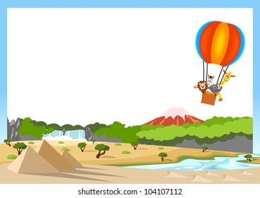 lion, giraffe, zebra and elephant in the colorful hot air balloon on white background - kid vector illustration