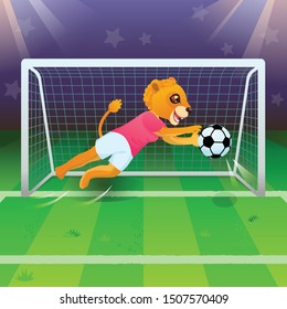 The lion girl as a goalkeeper catching the soccer ball near gates on the field