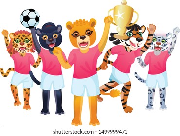 The lion girl with goblet, and the team of panther, tiger, snow leopard and jaguar is on the white background