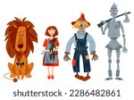 Lion, girl holding  dog in her arms, Scarecrow and  Tin Man. Сharacters of fairy tale “The Wonderful Wizard of Oz”. Vector illustration