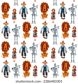 Lion, girl holding dog in her arms, Scarecrow and Tin Man. Сharacters of fairy tale “The Wonderful Wizard of Oz”. Seamless background pattern. Vector illustration