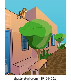 a lion and a girl is sitting on the rooftop of a house, trees, plants, door, window