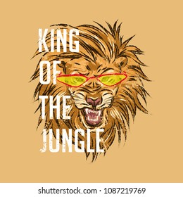 Lion in glasses with slogan.King of the jungle. For print, baby clothes, t shirt, child or wrapping paper. Kids apparel