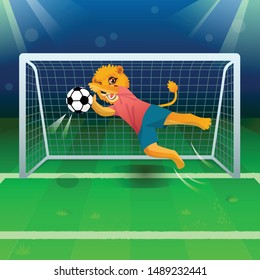 The lion as a goalkeeper catching the soccer ball near gates on the field