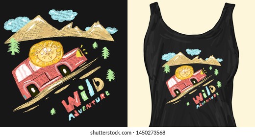 Lion goes to a travel. Trendy apparel design. Template for fashionable clothes, modern print for t-shirts, apparel art