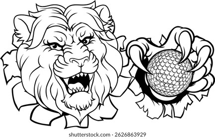 Um leão com bola de golfe esportes equipe desenho animado animal mascote
